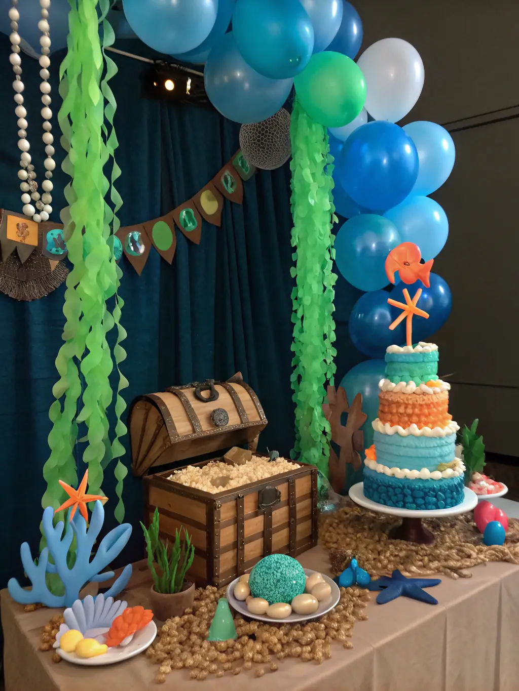 A vibrant image showcasing a 'Under the Sea' themed birthday party setup, complete with blue and green decorations, balloon sea creatures, and a treasure chest cake.