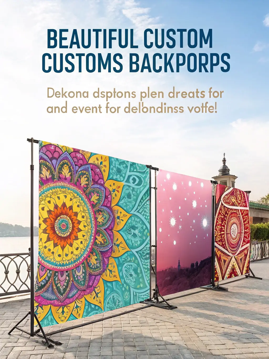 A selection of decorative banners and backdrops, including birthday banners, wedding backdrops, and custom designs, available for hire from Kitty's Party.