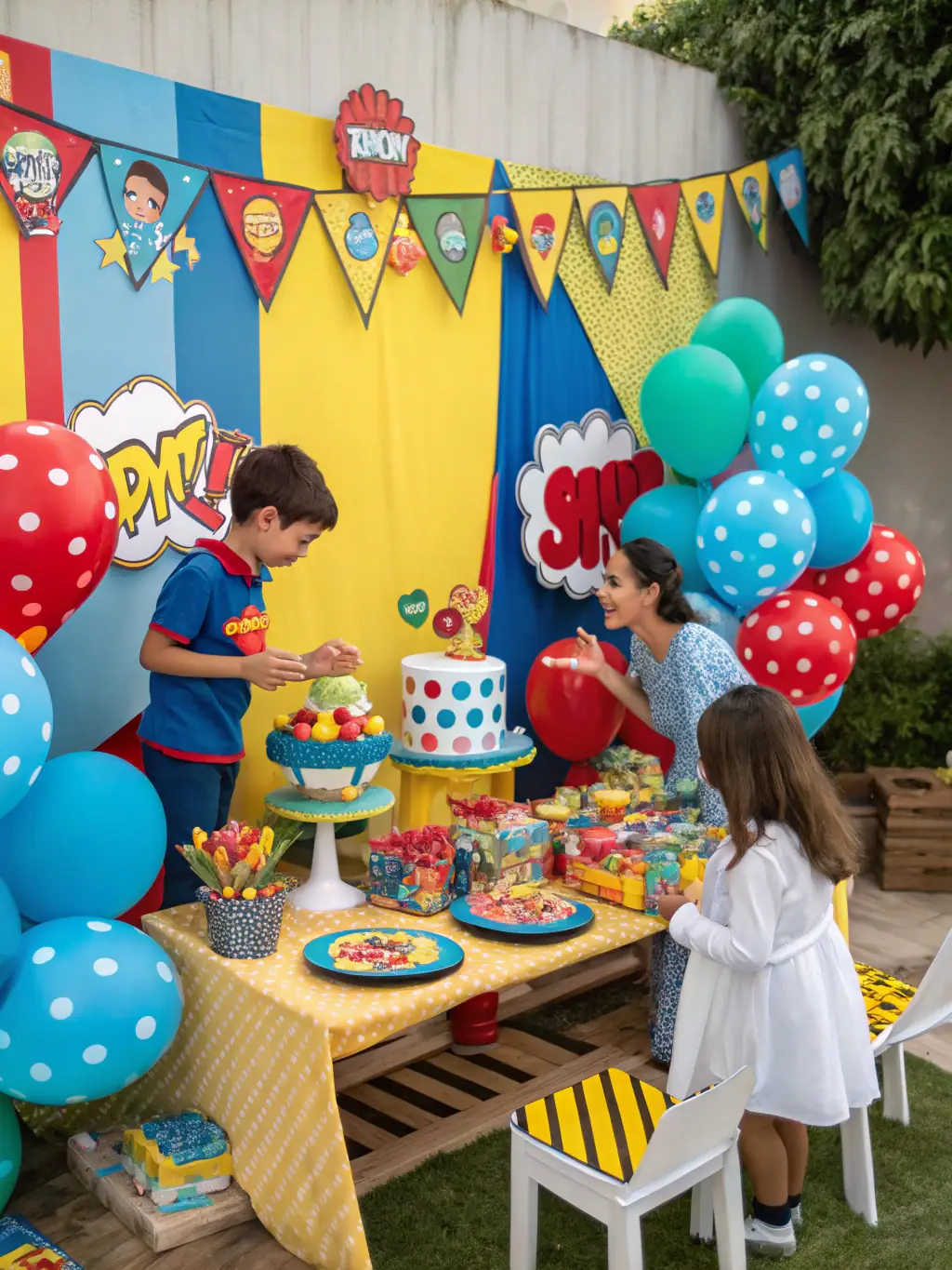 A playful image of a superhero-themed kids' birthday party, complete with superhero cutouts, comic book decorations, and action-packed setups.