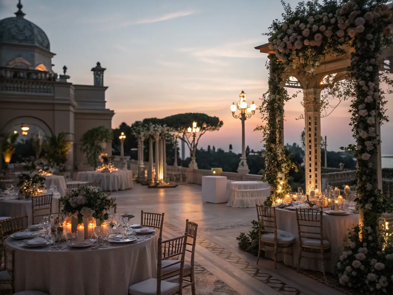 An elegant wedding reception with beautifully decorated tables, romantic lighting, and happy guests, highlighting Kitty's Party's ability to create stunning wedding experiences.