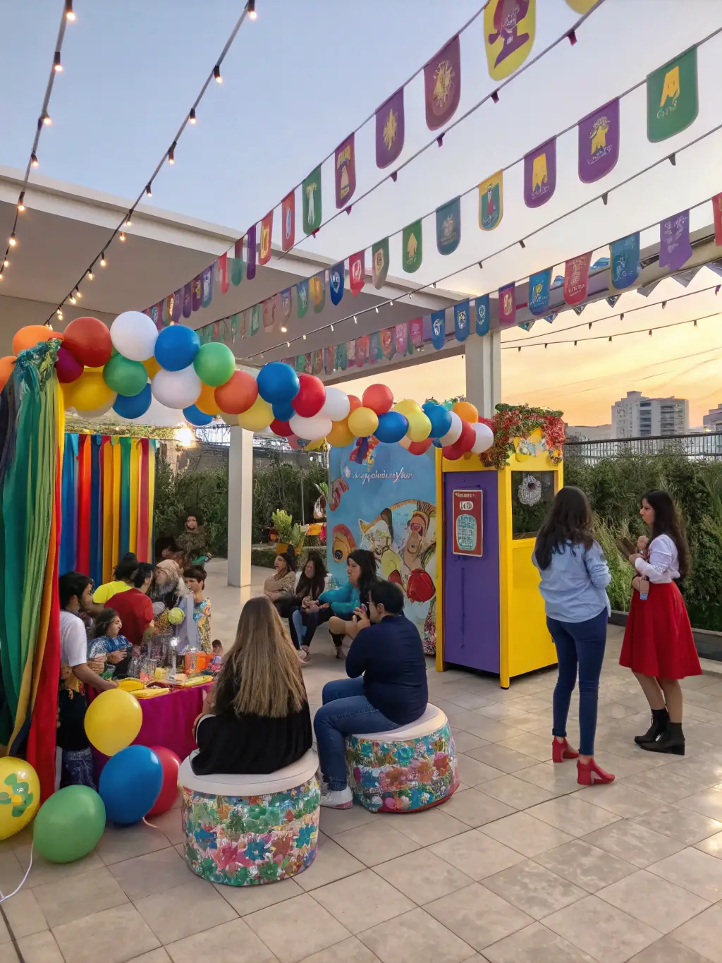 A collection of fun and quirky party props, such as hats, masks, and signs, displayed in a playful manner, available for hire from Kitty's Party.