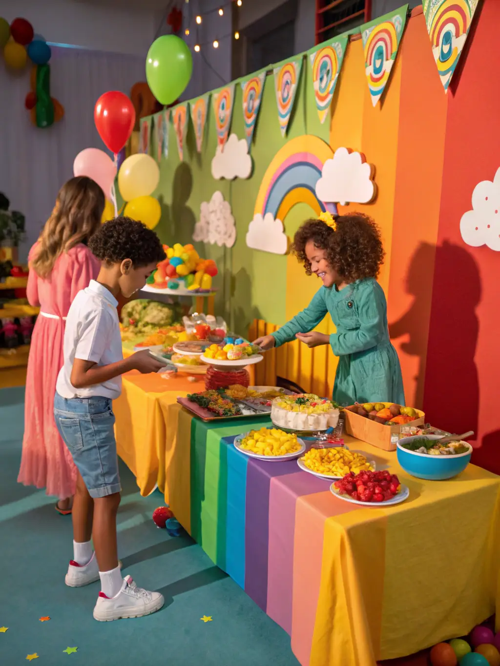 A neatly arranged display of themed tableware, including plates, cups, and napkins, suitable for a children's party, available at Kitty's Party.