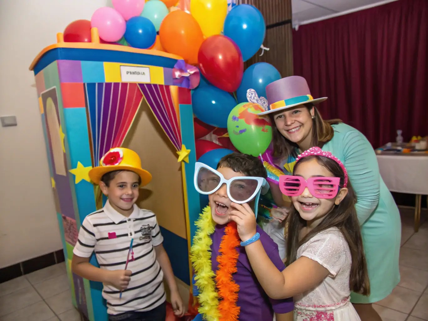 A vibrant and joyful birthday party scene with children laughing and playing amidst colorful decorations, showcasing Kitty's Party's expertise in creating memorable birthday celebrations.