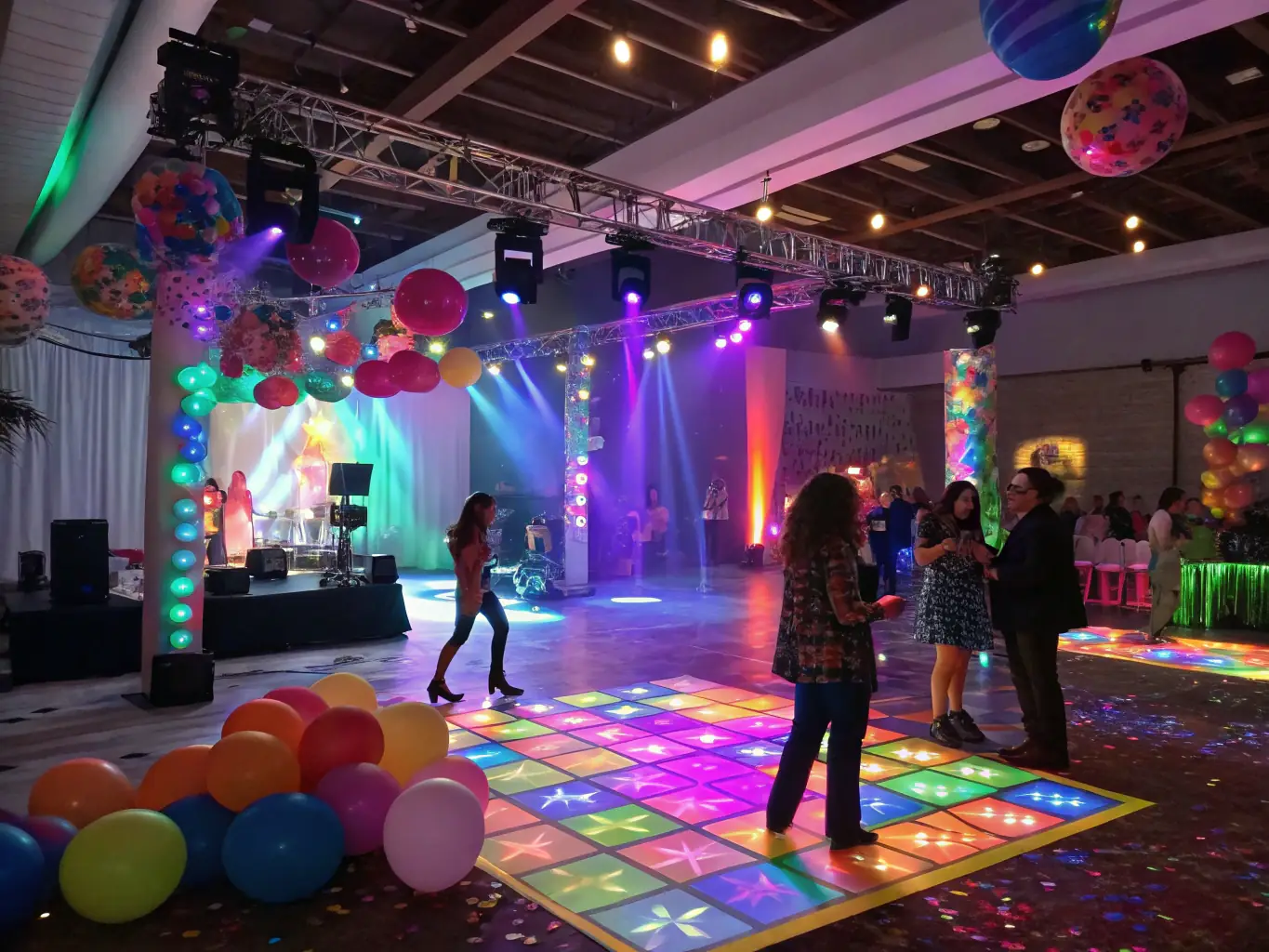 A vibrant photograph showcasing a selection of colorful balloons, streamers, and confetti, representing the wide variety of party decorations available at Kitty's Party.