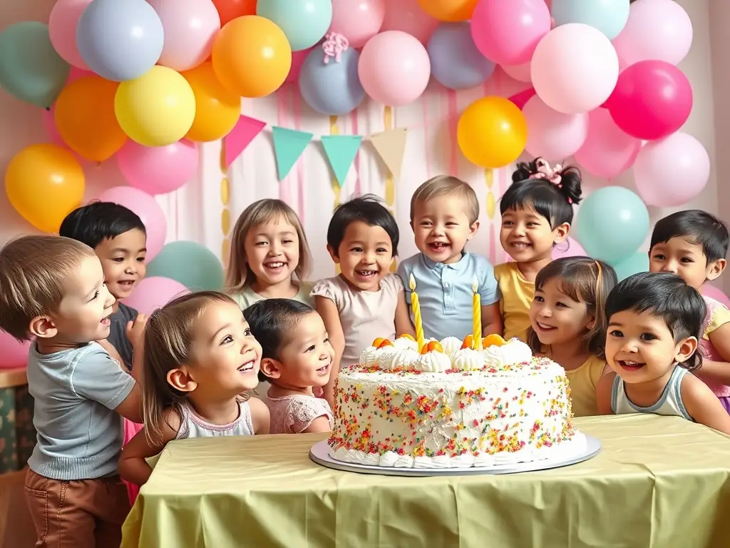 A beautifully decorated birthday party scene with balloons, a themed cake, and happy children, showcasing Kitty's Party's expertise in birthday party planning.