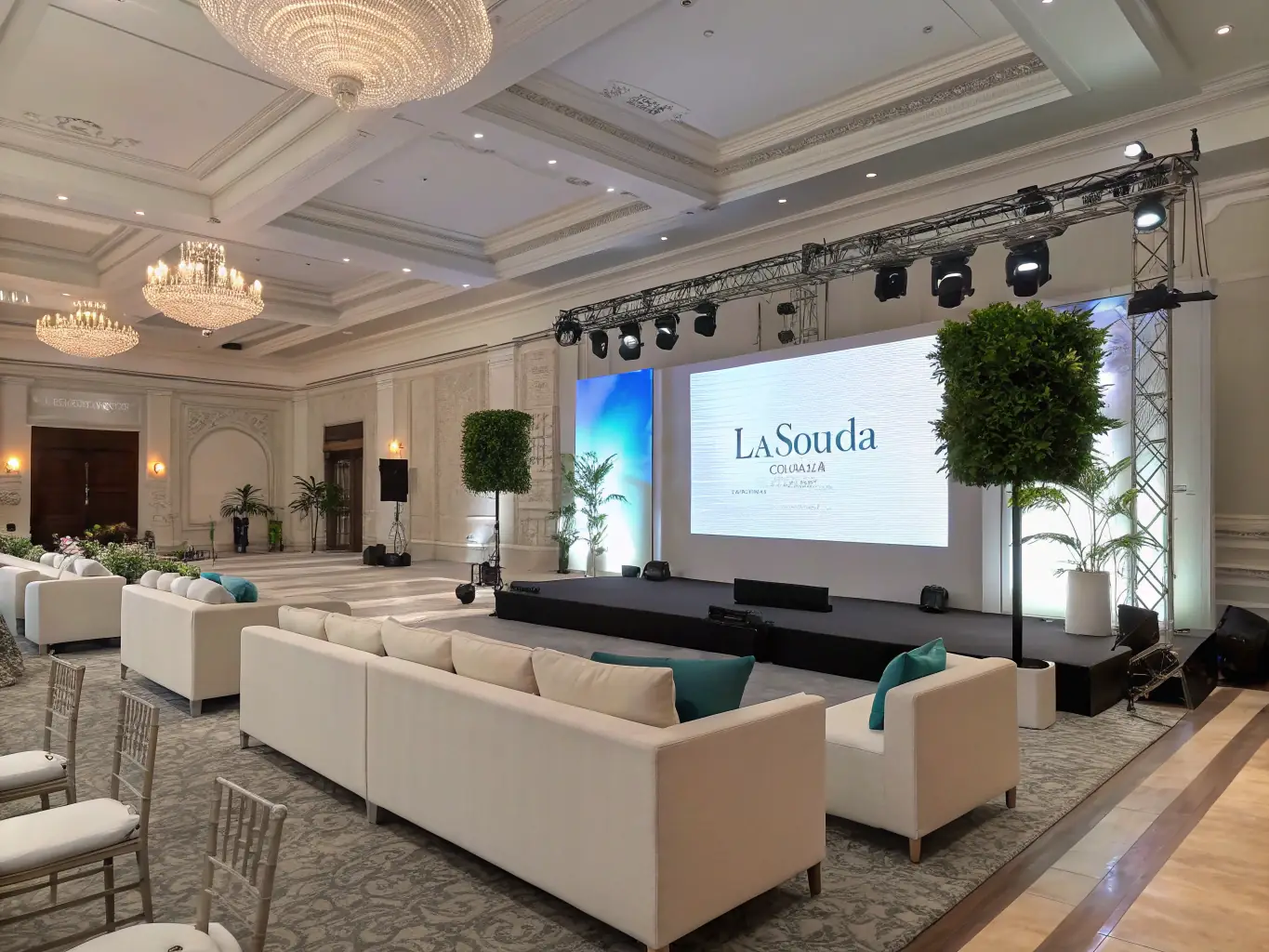 A corporate event setup with professional branding, catering, and presentation equipment, demonstrating Kitty's Party's capabilities in corporate event planning.