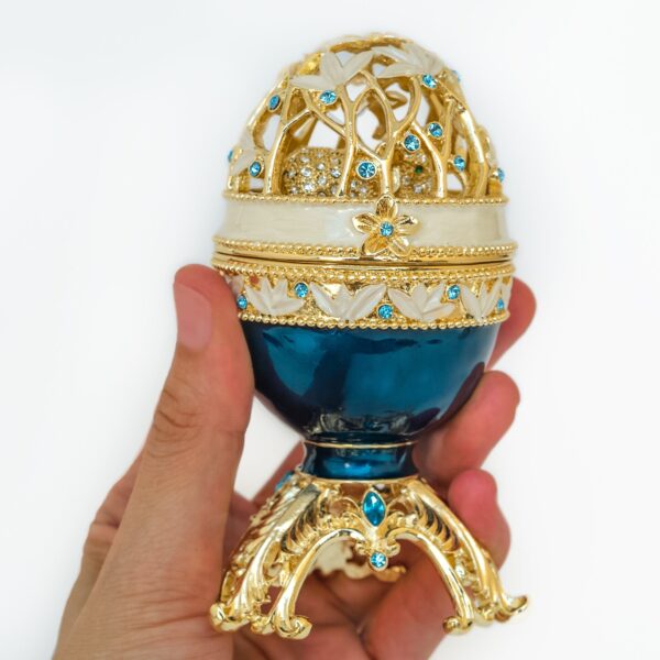 Golden Blue Faberge Egg with a Golden Elephant