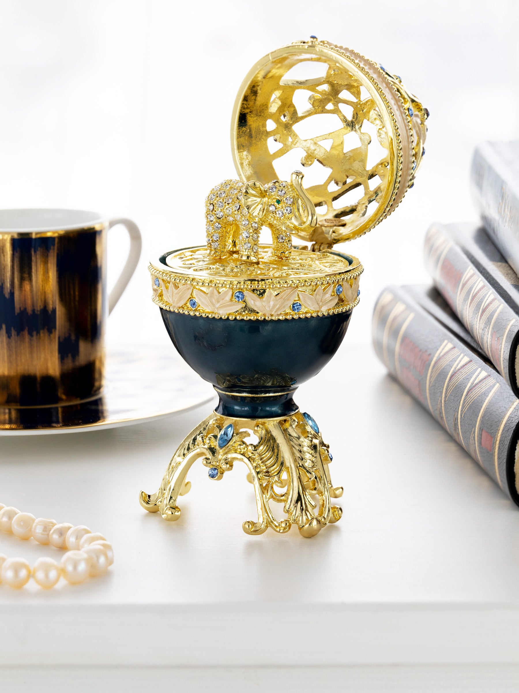 Golden Blue Faberge Egg with a Golden Elephant - Image 2